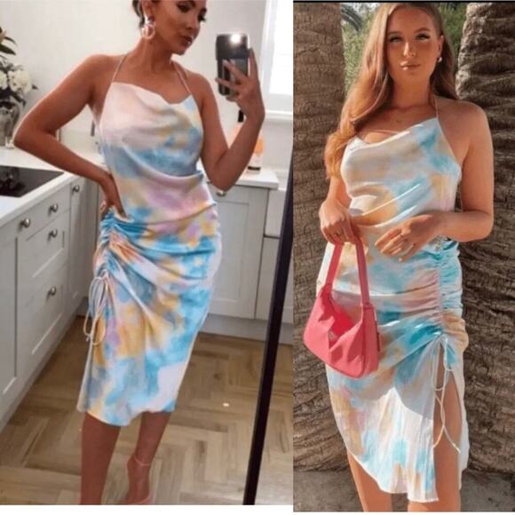 Zara pastel tie dye satin rainbow ruched‎ ruched midi dress blogger size XS - Picture 1 of 11